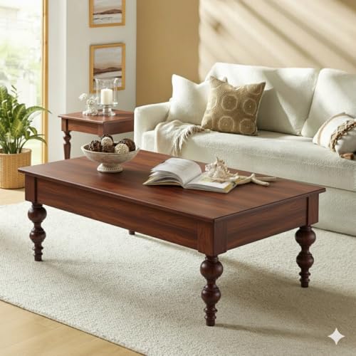 Image of MISAN Solid Sheesham Wood Coffee Table - Elegant Center Table with Two Spacious Drawers | Sturdy & Stylish Wooden Furniture for Home & Living Room (E - Walnut)
