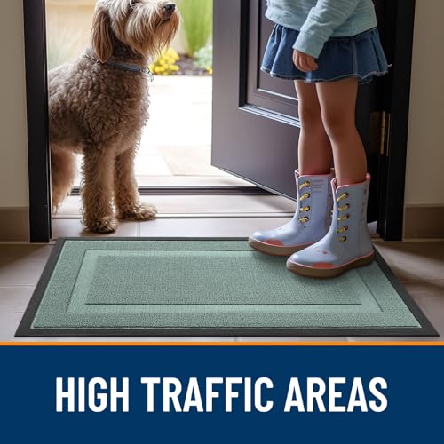 Image of OLANLY Front Door Mat Indoor Outdoor Entrance, Waterproof All-Season, All-Weather Doormat, Sturdy Natural Rubber, Low Profile, Easy Clean Patio Porch Entryway Mat, 33x21, Grayish Green