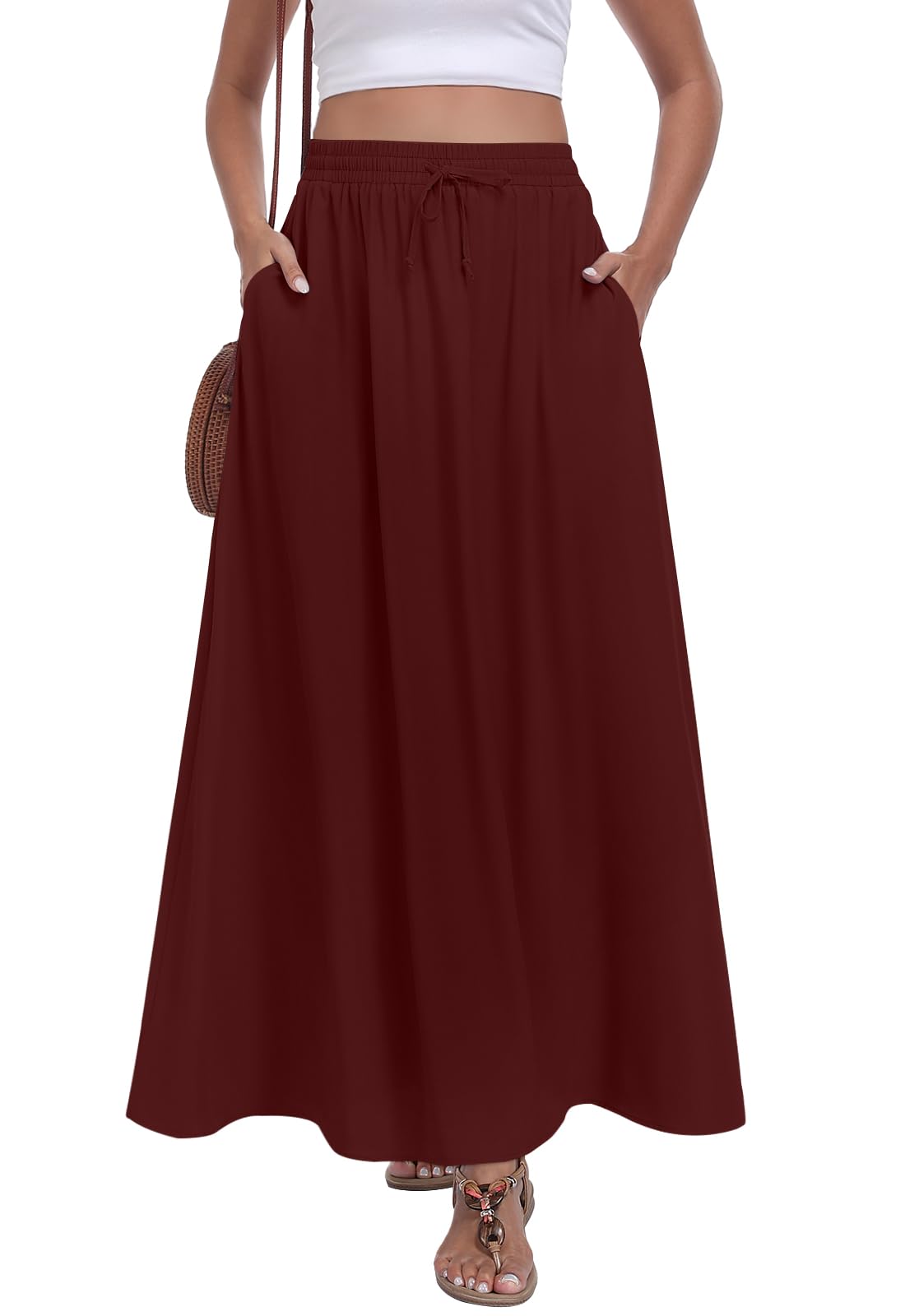 Yincro Womens Maxi Flowy Pleated Skirt Elastic High Waisted Casual Trendy Long Skirts with Pockets
