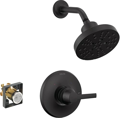 Delta Faucet Galeon - Grifo de ducha negro mate de una sola manija con cabezal de ducha H2Okintic, juego de grifo de ducha negro, kit de moldura de