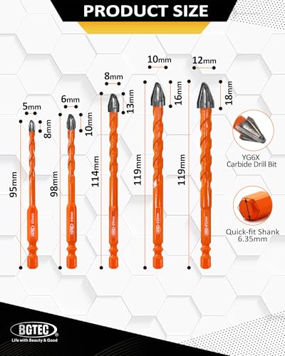 Masonry Drill Bit Set BGTEC - 5PCS 3/16" - 1/2" Carbide Eccentric Drill Bit for Masonry/Brick/Concrete/Tile/Glass/Wood/Plastic/Marble — view 2