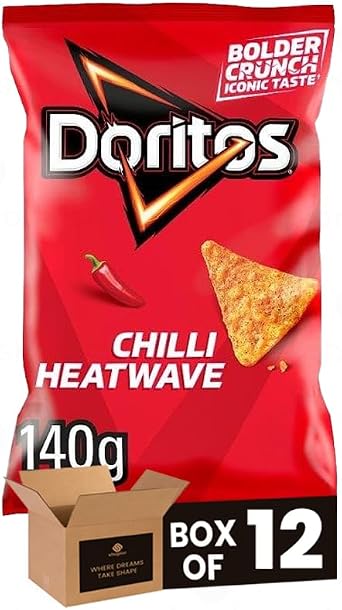 Doritos Tortilla Chips Snack Sharng Bags – Bold Crunch, Iconic Taste | Crispy Flavoured Chips Variety of Flavor | Party, Movie Night Crisps (Chilli Heatwave 140g - Pack 12)