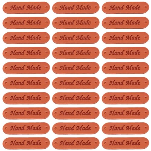 CALFOVERA Etiquetas de Cuero Sintético de 50cm con Agujeros, de Microfibra Ovalada Naranja, Hechas A Mano, con Relieve, para Ganchillo, Accesorios de Punto para Bolsos, Vaqueros, Zapatos, Manualidades