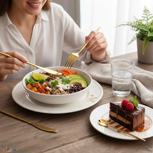 Image of Slim Handle Gold 8 Pcs Stainless Steel Cutlery Set for Dining Table, Dishwasher Safe Glossy Flatware (2 Spoon Set + 2 Forks Set + 2 Butter Knife + 2 Dessert Spoon)