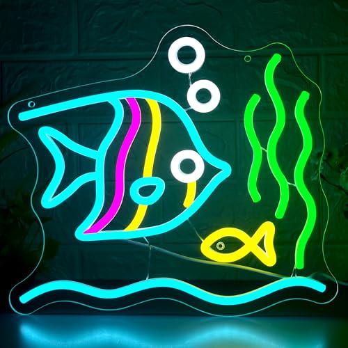 Butterfly Fish Neon Sign for Wall Decor Dimmable Tropical Fish Neon light for Man Cave Animal LED Light Up for Aquarium Ocean Park Exhibition Party Birthday Gifts Wall Art Size13.2 * 11.8In(