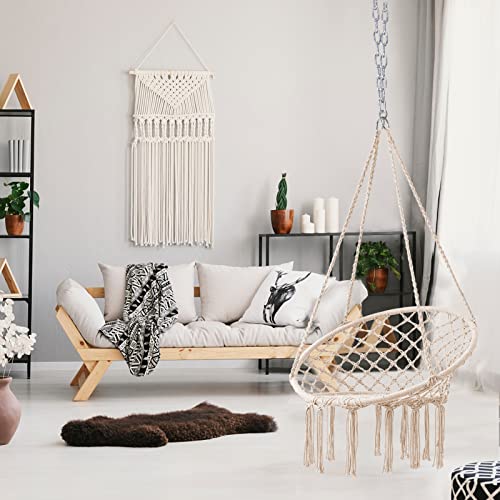 Hblife Hammock Chair, Hanging Swing With Macrame, Max 330 Lbs, Beige Hanging Cotton Rope Chair For Indoor, Outdoor, Bedroom, Patio, Yard, Deck, Garden And Porch, For Child #TOP3