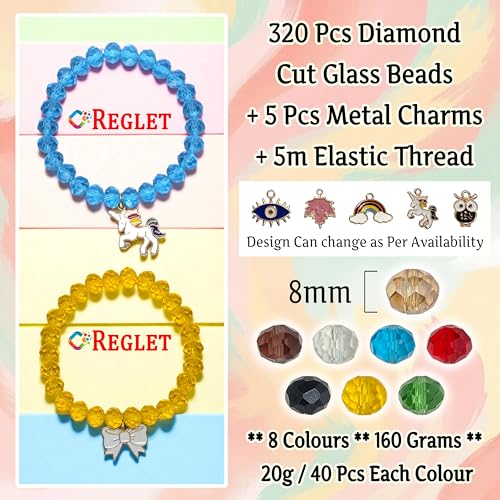Image of 5 Pcs Charms + 320 Pcs Diamond Cut Glass Beads for Jewellery Making Kit - Glass Beads for Bracelet Making Kit - Bead Craft - 8 mm