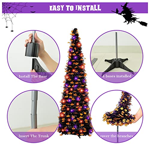 5 Ft Purple Lighted Artificial Halloween Christmas Tree With Timer-Diy 50 Led Ornament Battery Powered Pop Up Tinsel Halloween Christmas Tree With Pumpkin Sequin For Indoor Outdoor Home Party #TOP3