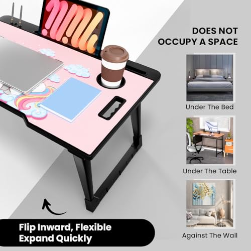 Image of Foldable Wooden Mini Laptop Table for Bed, Study Table with Drawer, Tablet /Mobile Holder for Kids & Adults (COTTED UK)