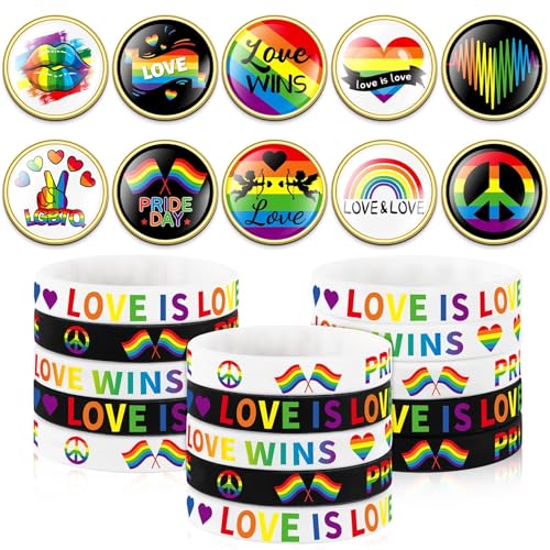 DTOFOOT 60Pcs Rainbow Pride Buttons Silicone Bracelet Wristbands Set LGBT Lapel Pins Badges Gay Pins Support Rubber Wristbands for Pride Month Parades Decorations Party Accessories Supplies
