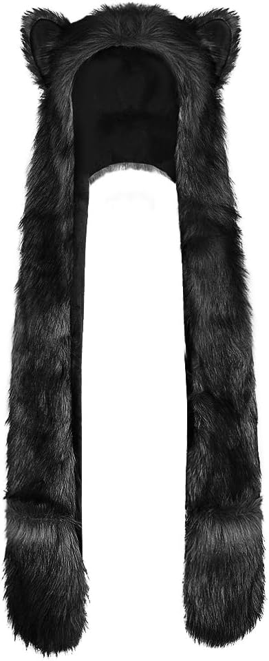Women Faux Fur Animal Hood Scarf with Gloves Pocket Hooded Ears Hat image 5