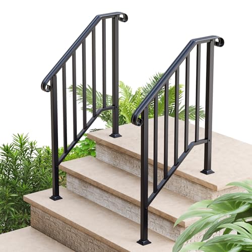 2 Pack 3 Step Handrails for Outdoor Steps, Fit 2 or 3 Steps Outdoor Stair Railing for Concrete Steps, Black Wrought Iron Railing, Exterior Hand Railing for Steps Adjustable Metal Hand Rails for Deck
