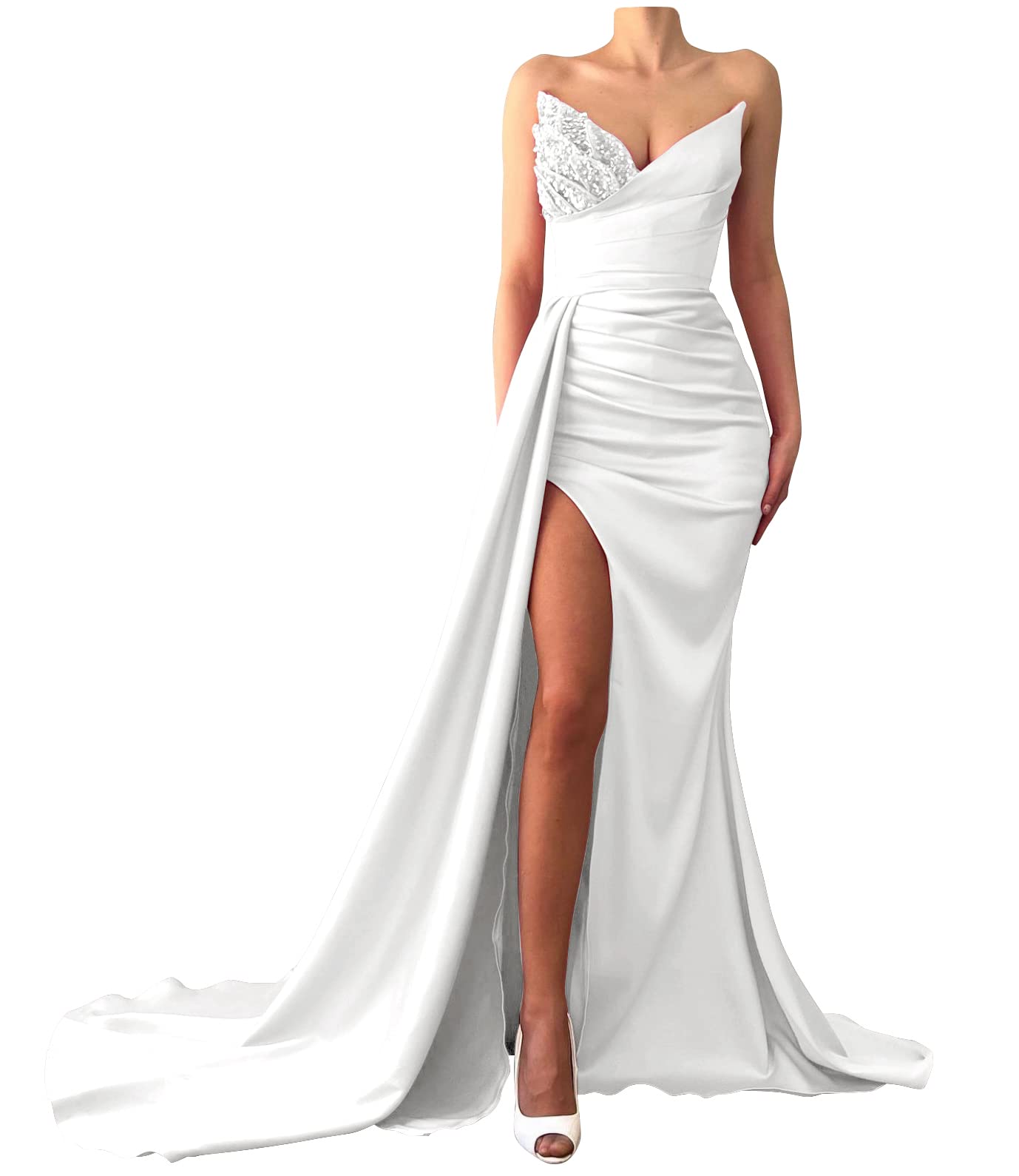 Prom Dresses 2025 Strapless Mermaid Sequin Beaded Satin Long Slit Evening Gowns for Women Bridesmaid Dresses