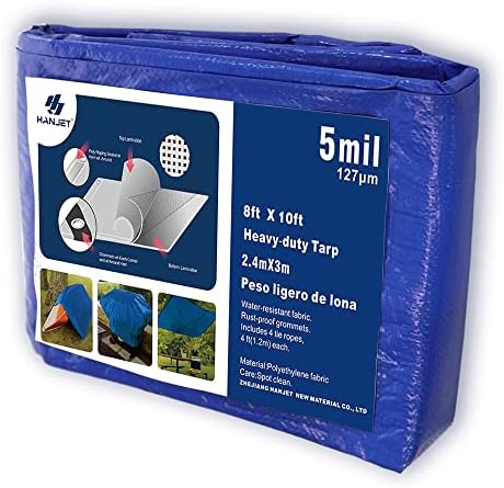 Hanjet Lightweight Outdoor Tarp 8 x 10 5-mil Multi-Purpose Waterproof Reinforced Rip-Stop with Grommets Blue
