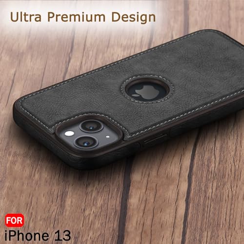 Image of TheGiftKart Genuine Leather Finish Back Cover Case for iPhone 13 | Shockproof Design | Raised Edges for Camera & Screen Protection | Stunning Minimalist Design Back Case Cover (Black Sides, Black)