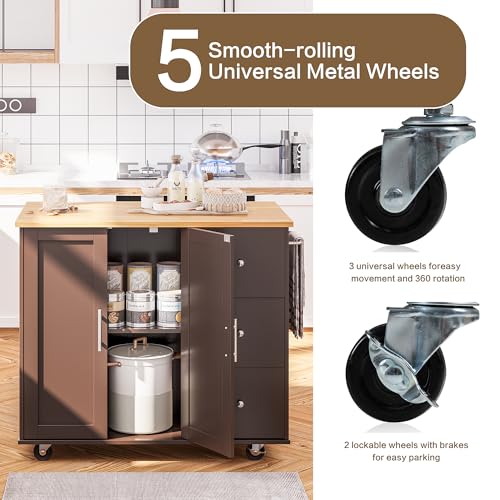 Image of SUNLEI Kitchen Island with Storage Cabinet, Rolling Kitchen Table with Foldable Drop Leaf, Kitchen Island Cart on Wheels with Handle for Towel, Portable Islands for Kitchen (Brown, 39.7-INCH)