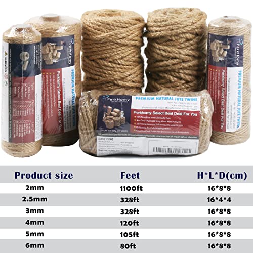 Image of PerkHomy 5mm Jute Rope 105 Feet Twisted Heavy Duty and Thick Twine Rope for Cat Scratcher Scratching Post Tree Craft Projects Gardening Home Decoration Packing Bundling (105FT * 5mm)