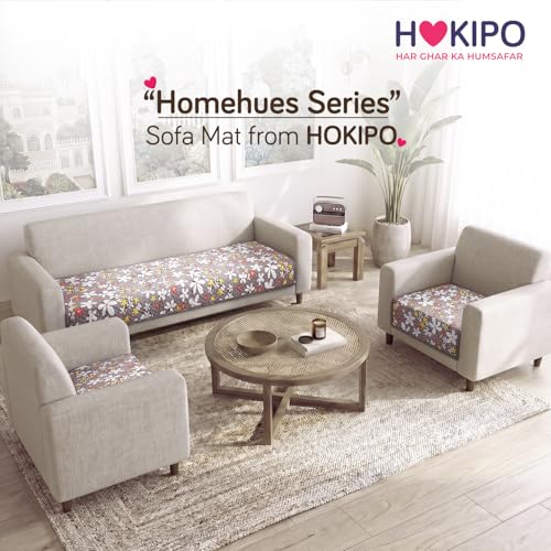Image of HOKIPO 'Homehues Series' Printed Quilted Sofa Cover 5 Seater Set - Washable 3+1+1 Sofa Cover Mat, Pastel Brown Sandwort Flower (IN-806 * 2 + IN-809 - D1)