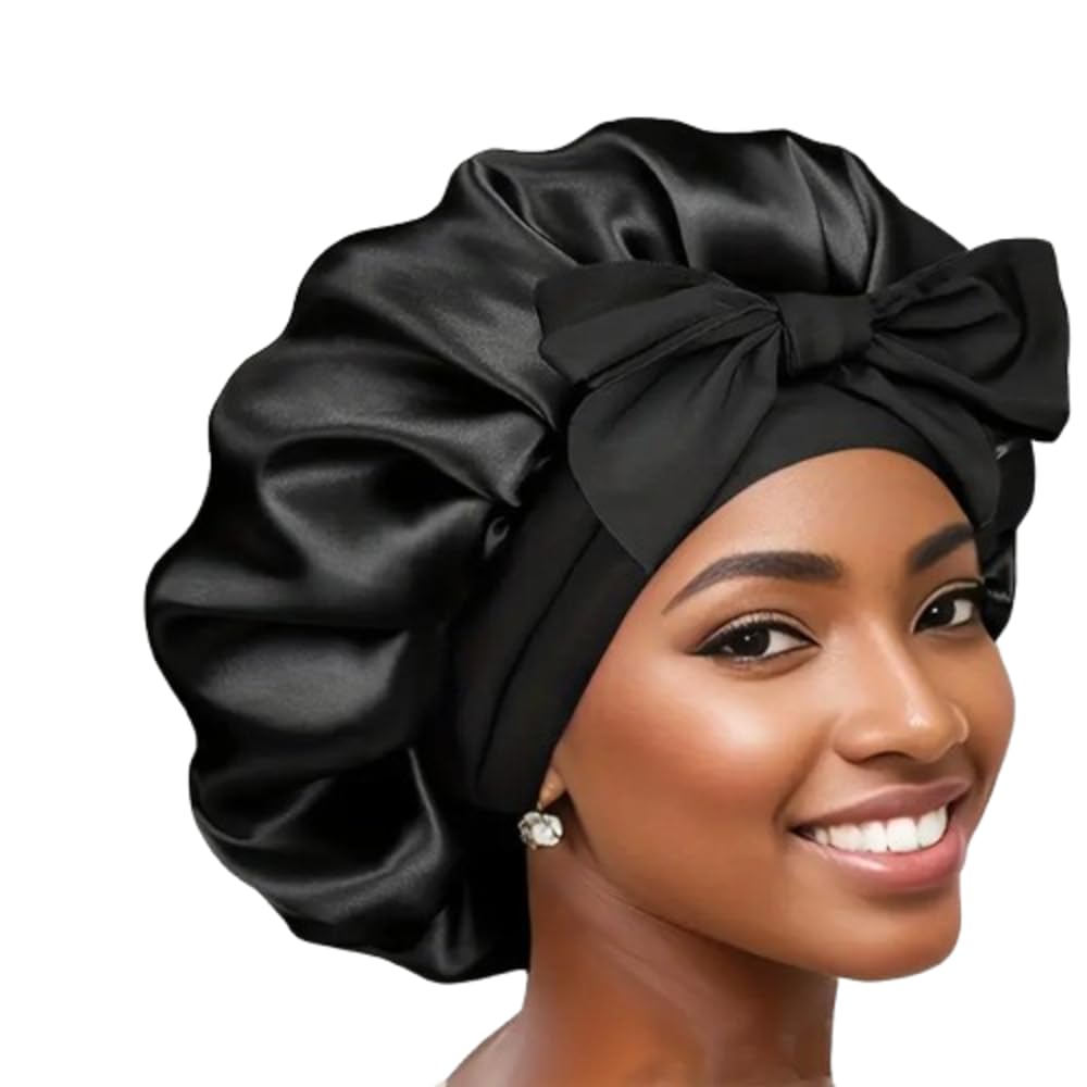 Boolavard Silk Bonnet for Sleeping Women Satin Bonnet Double Layer Satin Lined Hair Bonnet with Tie Band Curly Hair (UK, Alpha, One Size, Black)