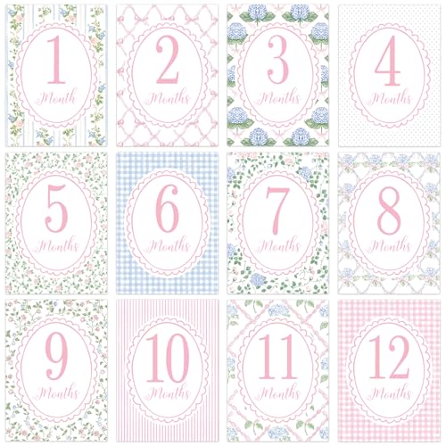 FunooFuno 12 Pcs Baby Monthly Milestone Cards First Month Milestone Cards 1-12 Monthly Floral Baby Photo Props 5 x 7 Inch First Holiday Newborn Sign for New Parents Boy/Girl Photos Pictures 12 Designs by FunooFuno - Used condition - US$8.82