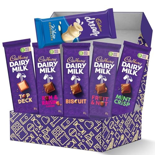 Cadbury Slabs Chocolate Box 6-Piece Assortment of Premium Cadbury Slabs Including Fruit & Nut, Rum & Raisin, Mint Crisp, Top Deck, Dream Biscuit, and Biscuit –Indulgent Chocolate Gift for Any Occasion