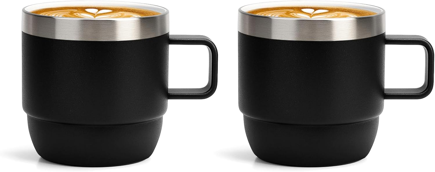 Zenbo 6 oz Espresso/Coffee Mug with Handle, Double Wall Vacuum Insulated 18/8 Stainless Steel Ceramic Lined Cups, Coffee, Tea, Hot & Cold Drinks, No Sweat, Dishwasher Safe(Black-2Pack)