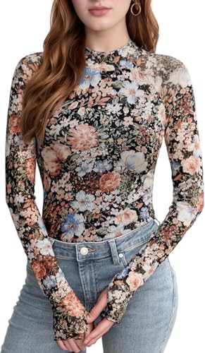 Women's Floral Mesh Long Sleeve Tops - Sheer Lace Mockneck Layering Shirt, Leopard Print for Fashion Spring Outfits 2025