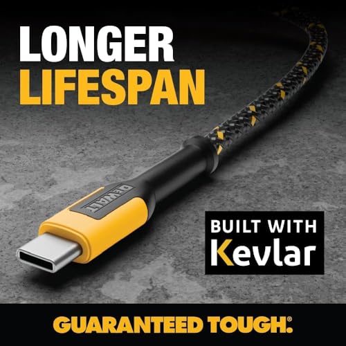 DEWALT Jobsite kabel USB C o wysokiej wydajności 3 m – 60 W Fast Charge PD, kabel do szybkiego ładowania, typ C na typ C do iPhone 17/16/15 Pro Max, MacBook, iPad
