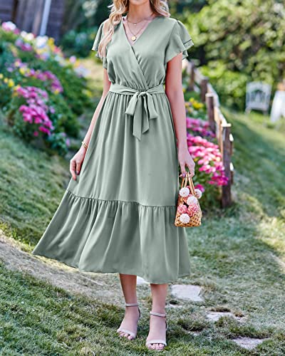 Image of BTFBM Women Summer Bohemian Floral Casual Wrap V Neck Ruffle Cap Sleeveless Belt A-Line Pleated Hem Midi Sun Dress White