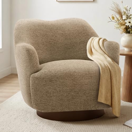 Image of KISLOT, Swivel Accent Chair, Arm Chair with Wooden Base, Sand, Set of 2 | Upholstered Barrel Chair with Curves Camel Back Design, Living Room Bedroom Reading
