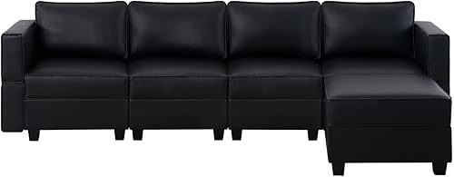 Miniatura 5 de Naomi Home Sarah - Sofá modular en forma de L de 4 piezas con otomana, cuero de aire negro, asiento ergonómico con resortes helicoidales de