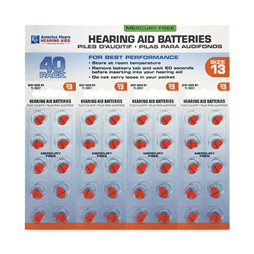 America Hears Size 13 Hearing Aid/Amplifier Batteries 40 Pack (Zinc Air Activated and Mercury Free)