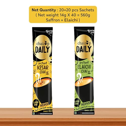 Image of Chaizup Daily 1 Min Instant Assorted Tea Pack - 40 Sachets | Elachi & Kesar Flavours | 40 Servings | 2 Packs (20 Sachets Each) | 280g