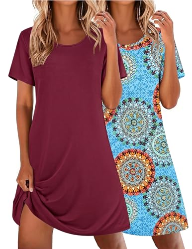Image of Ekouaer 2 Pack Nightgowns for Women Sleepshirt Short Sleeve Night Shirts