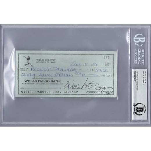 Beckett Encapsulated Willie McCovey Signed Personal Check