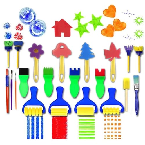 Kit d'Éponges et Brosses de Peinture - 21 Pièces pour Enfants, Artisanat, DIY et Apprentissage, Pinceaux Peinture Enfant- Tampons et Pinceaux