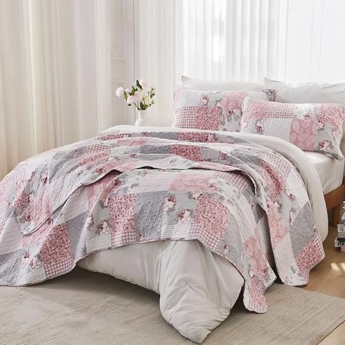 Couvre-lit matelassé floral rose et carreaux gris avec ses 2 taies d'oreiller assorties