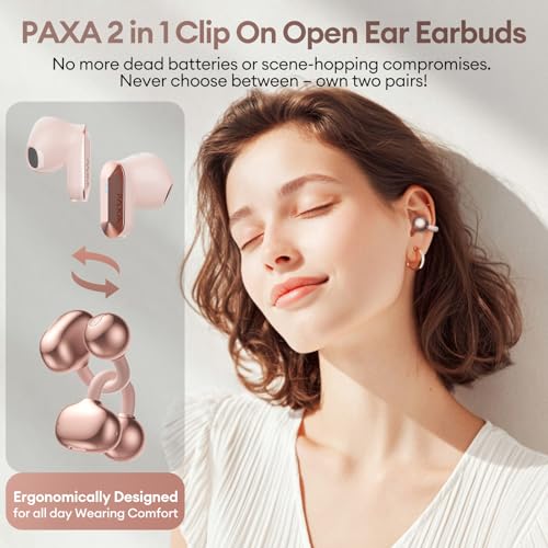 Image of PAXA 2 in 1 Clip-on Earbuds Open Ear Headphones Bluetooth 6.0 Wireless Earbuds with in-Ear Earbuds, Ultra-long 140H Play, Auto L-R Recognition Touch Control for Work Fitness Daily Use Ctbuds Rose Gold