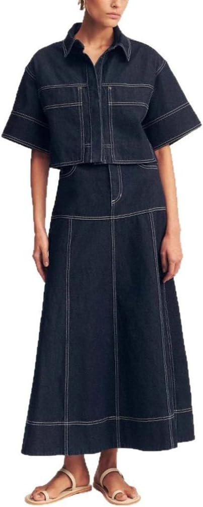 Women Denim 2 Piece Outfits Short Sleeve Button Down Crop Top and Side Split Maxi Skirt Summer Going Out Outfits