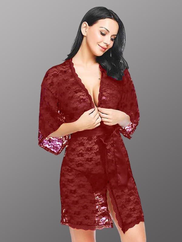 Image of Women's Sheer Lace Babydoll Lingerie Set, Floral Printed Nightdress with Panty, Net Lace Robe and Bikini Set, 4-Piece Nightwear Set