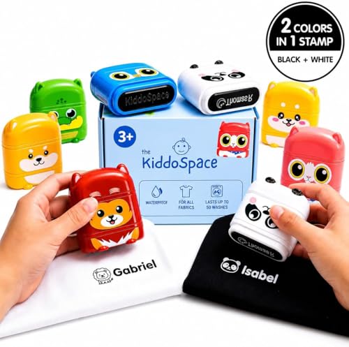 KiddoSpace Name Stamps for Kids Clothes - Kiddostamp Double Sided Customized Name Stamp - Personalised Clothing Stamps - Waterproof Name Stamp (White + Black Ink)