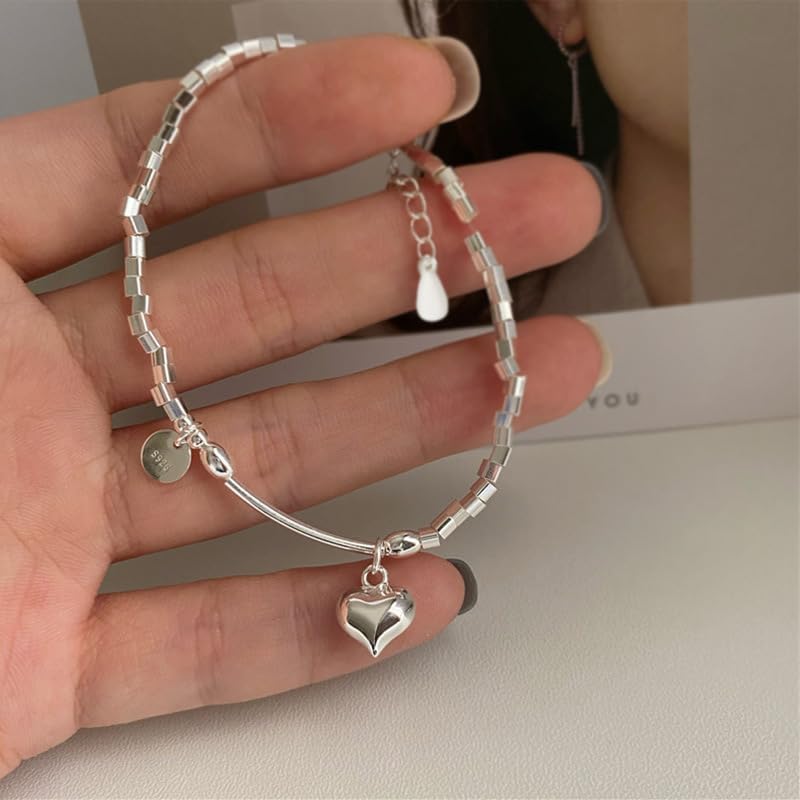 Chunky 925 Sterling Silver Dainty 3D Heart Bracelet for Women Cute Puffy Heart Charm Bracelets to Daughter Adjustable Cube Bead Chain Bracelet Birthday Valentines Day Jewelry Gifts (Silver) - Image 4