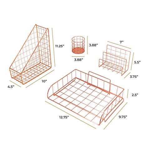 BLU MONACO Rose Gold Desk Organizer - 5 Piece Desk Accessories Set - Letter - Mail Organizer, Paper-Document Tray, Pen Cup, Magazine File Holder - Rectangle Pattern - Office Supplies Stationery Décor - Thumbnail 6