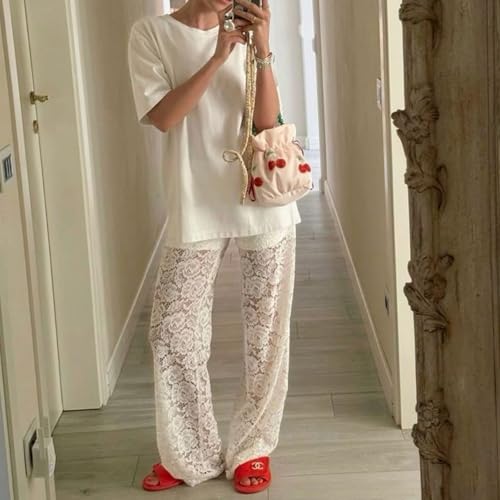 Women Y2K Floral Lace Sheer Mesh Flare Pants See Through Elastic High Waisted Long Trousers Sexy Hollow Out Clubwear4