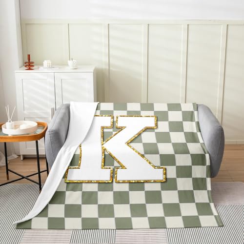 Image of Erosebridal Sage Green Checkered Fleece Blanket Throw 50 inchx60 inch Plaid Initial K Flannel Blanket Personalized Monogram Fuzzy Plush Throw for Kids Boys Girls,Fashion Grids Gingham Decor for Bed Couch