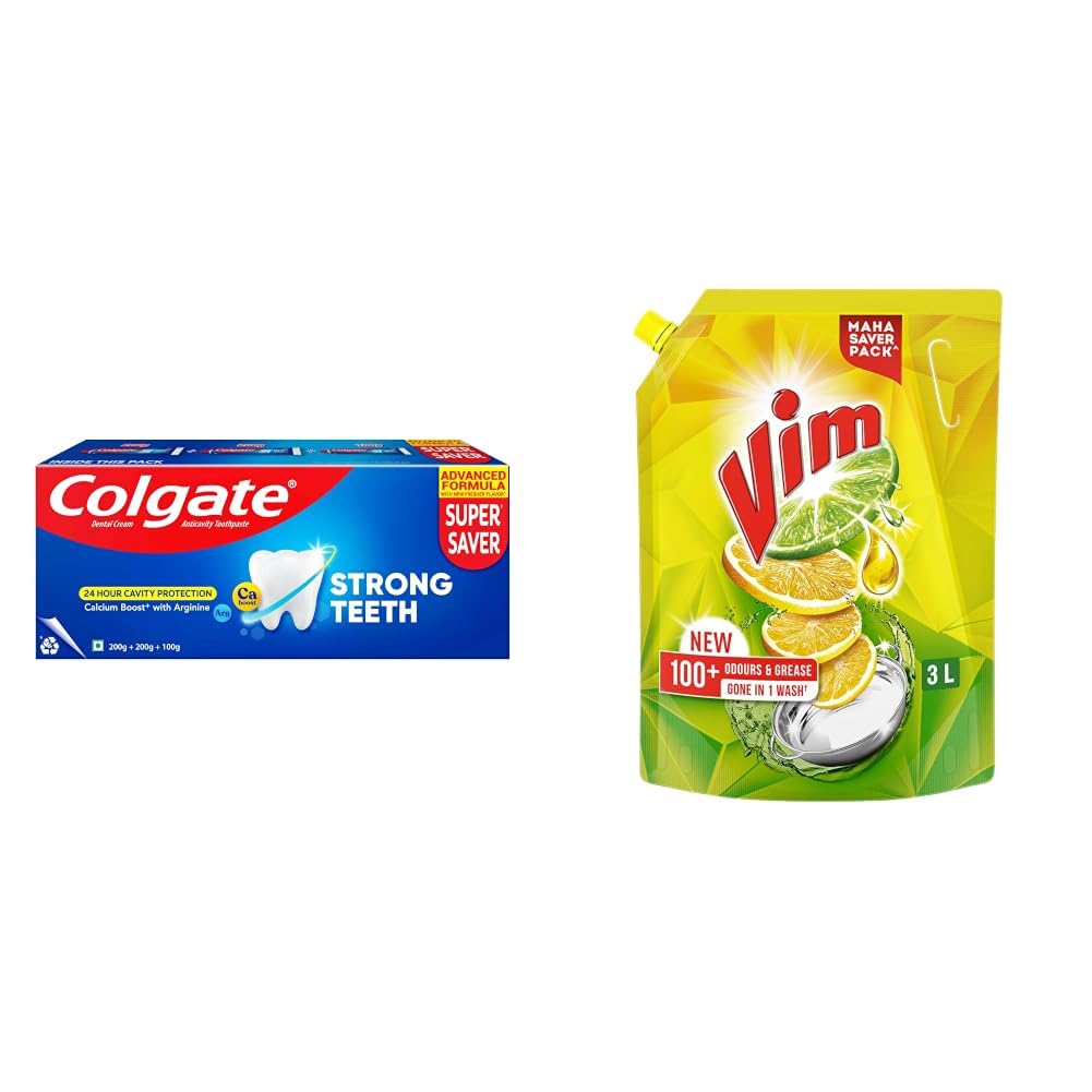 Colgate Strong Teeth, 500g (200g + 200g + 100g), Calcium-boost Tooth Paste for 2X Stronger Teeth, Protects Enamel, Whitens Teeth, Fresh Breath & Prevents Cavities (Combo Multipack) & Vim Dishwash-image-46