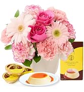 bloomee(ブルーミー)八天堂プリン × アレンジメント ピンク Sサイズ 母の日 誕生日 花 生花 花束 花 (ギフト プレゼント お祝い) 結婚 記念日 お菓子 焼き菓子 (花瓶不要)