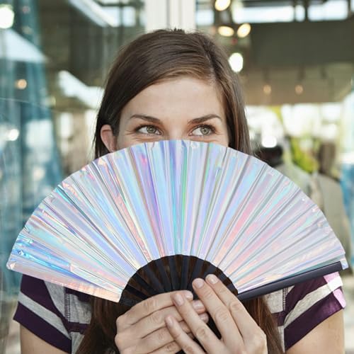 Silber Holographic Rave Handfächer Glitter Großer Klack Handheld Fan PVC Laser Festival Fächer Chinesische Handfans für Hochzeit Geburtstag Dancing Music Night Club Rave Festival CosplayParty (Silber)