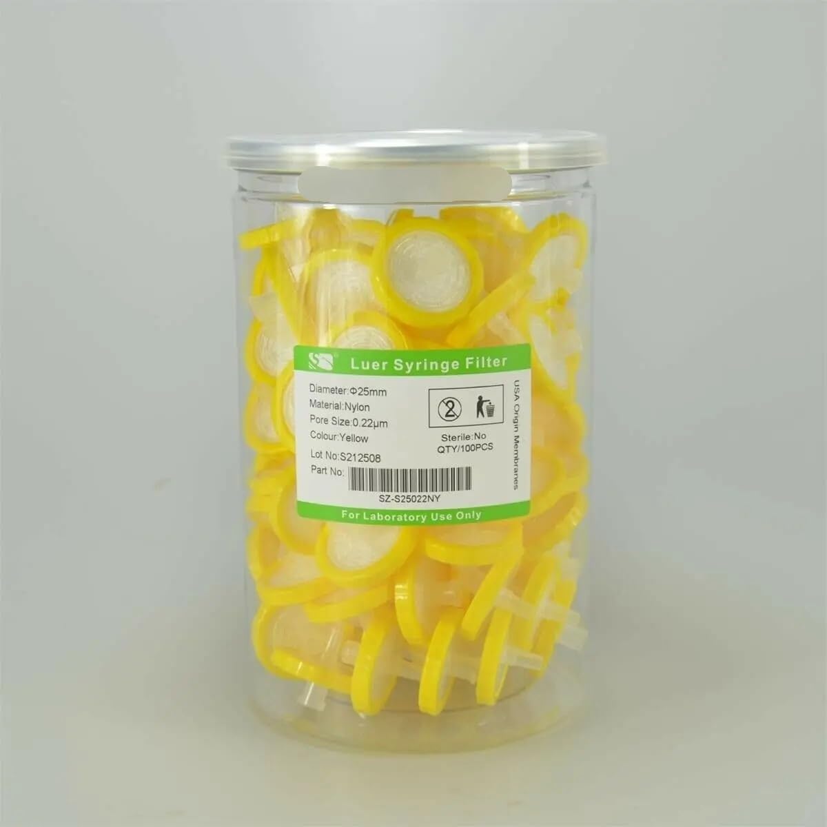 Laborspritzenfilter, Außendurchmesser = 25 mm, 0,22 um, aus Nylon, 100 Stück/Packung