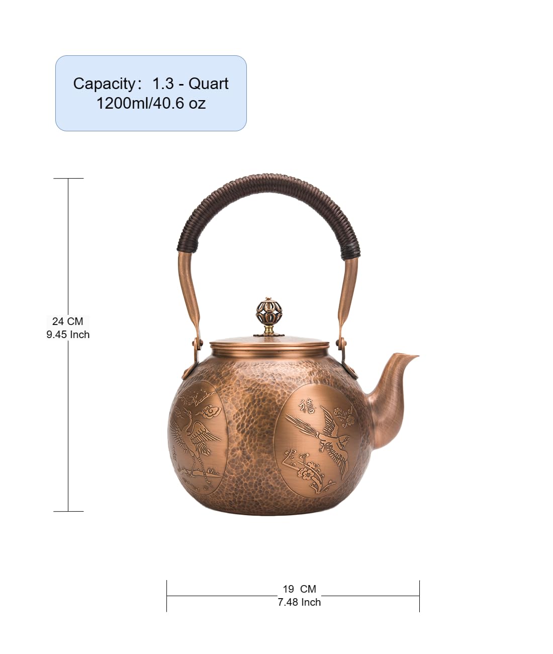 Kunwu Handmade Round Small Hammer Copper Teapot Kettle Stovetop Teapot 1.5mm Thick Pure Copper Handmade, 1200 ml - 1.71bl